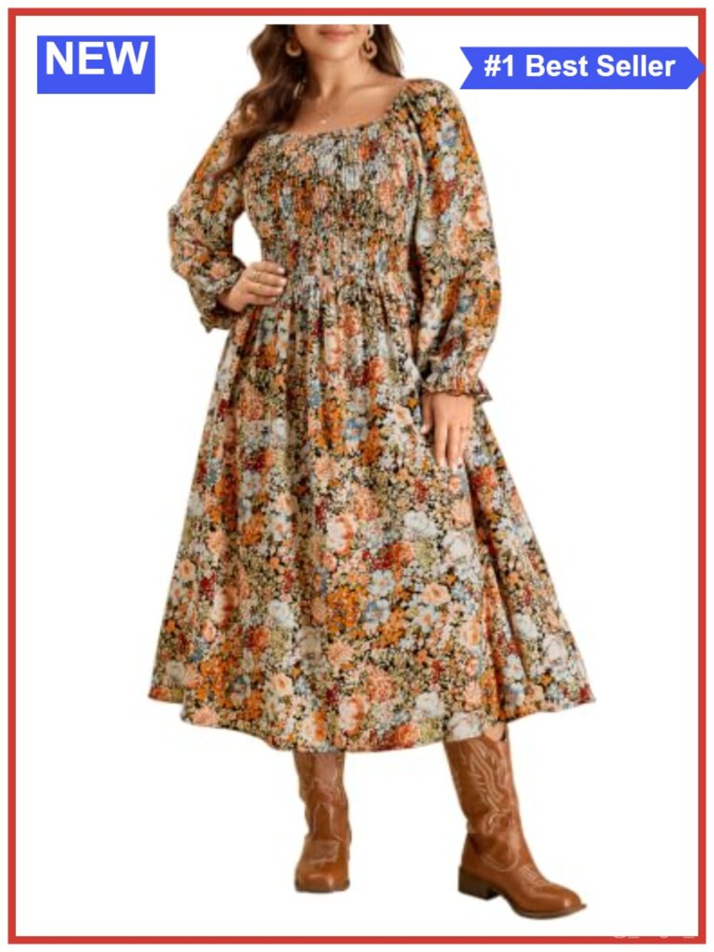 Plus Size Smocked Floral Maxi Dress Long Sleeve Square Neck
